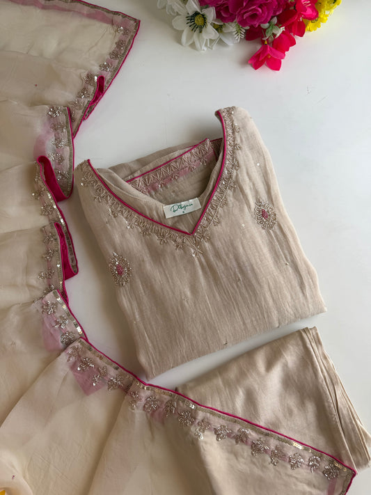 K281 - Mul chanderi handwork straight Kurti with pants and dupatta
