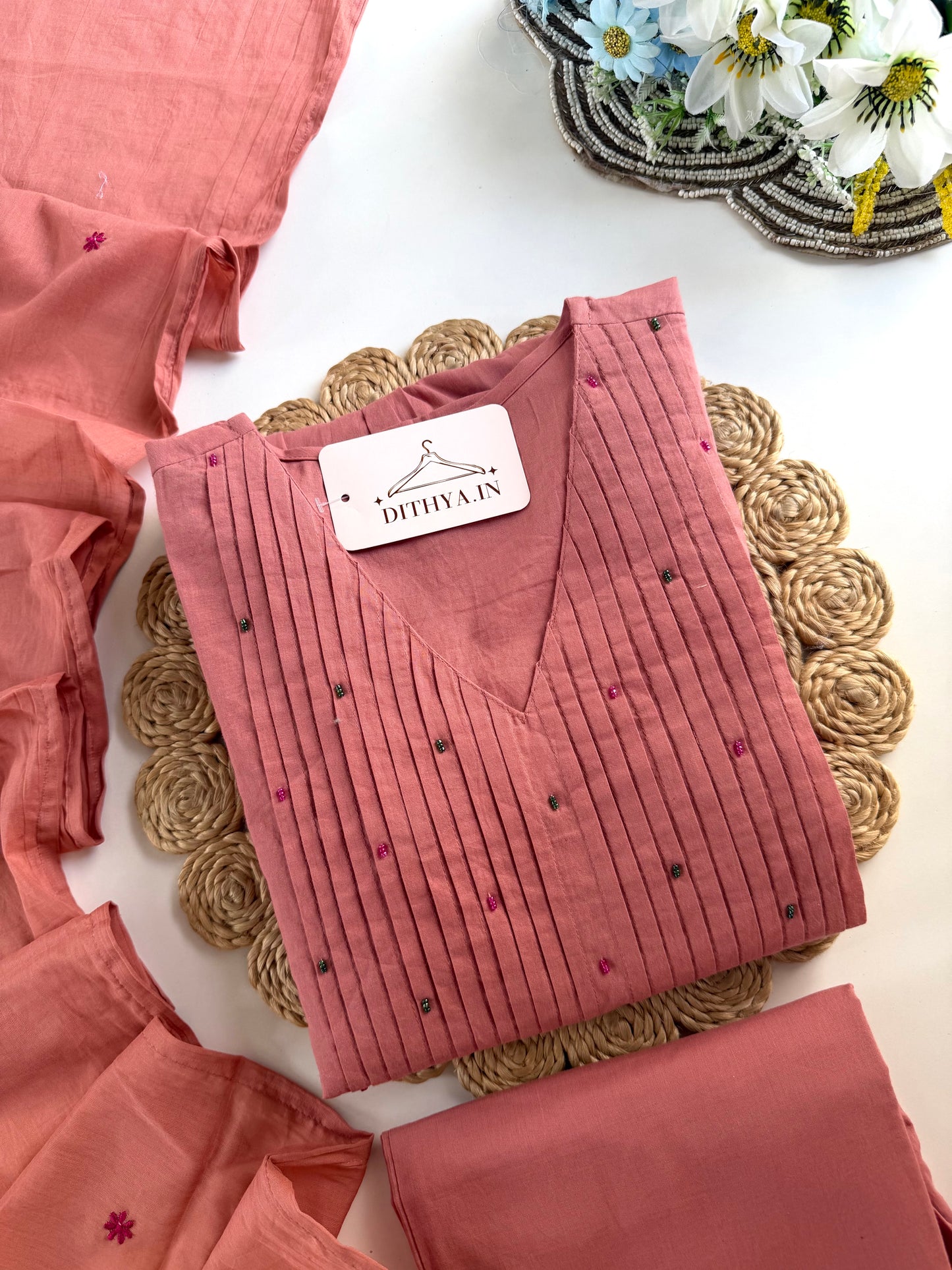 K449 - Mul cotton pintex embroidered Anarkali with pants and dupatta