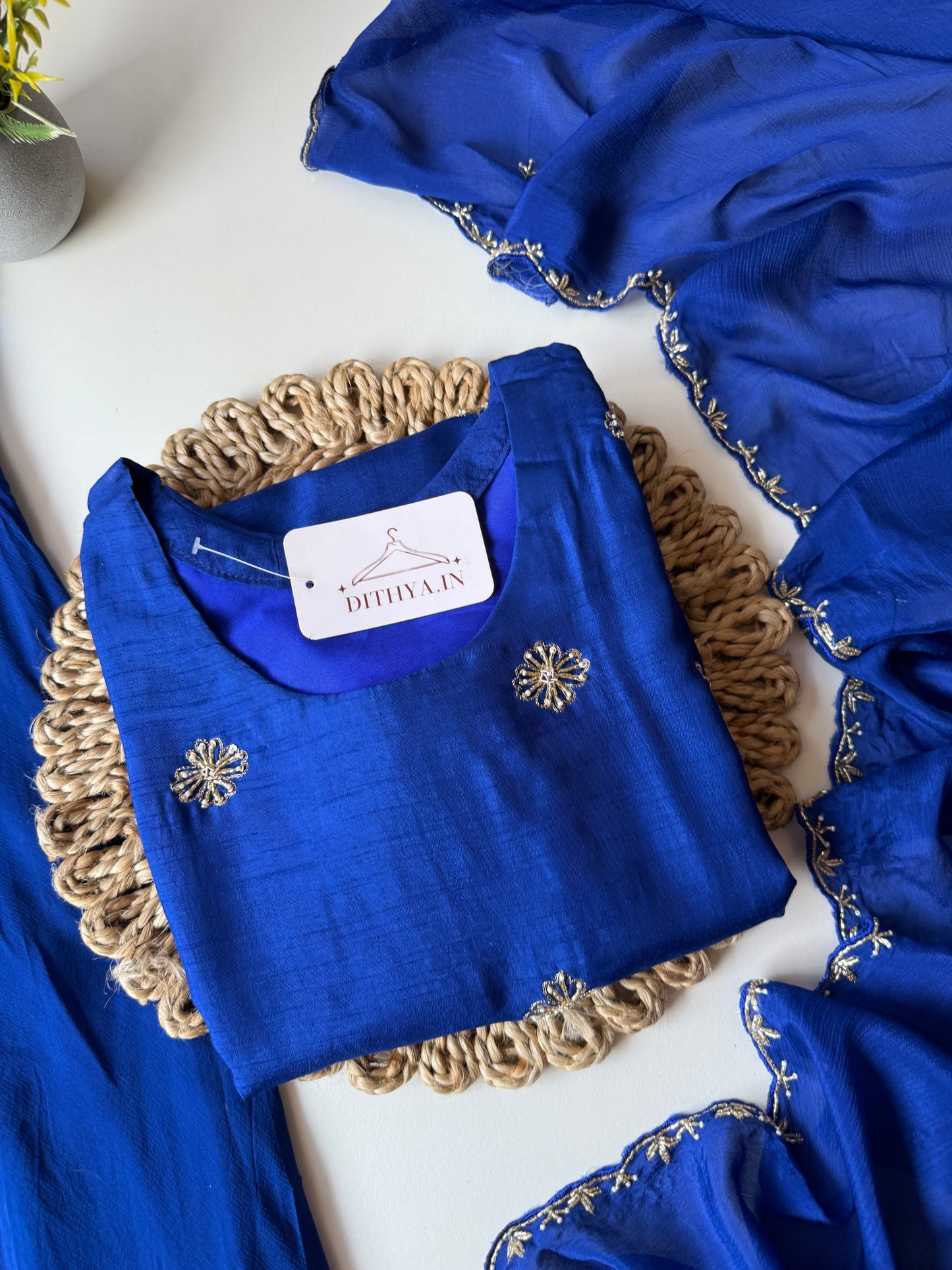 K479 - Russian silk Handwork short Kurti with palazzo and dupatta