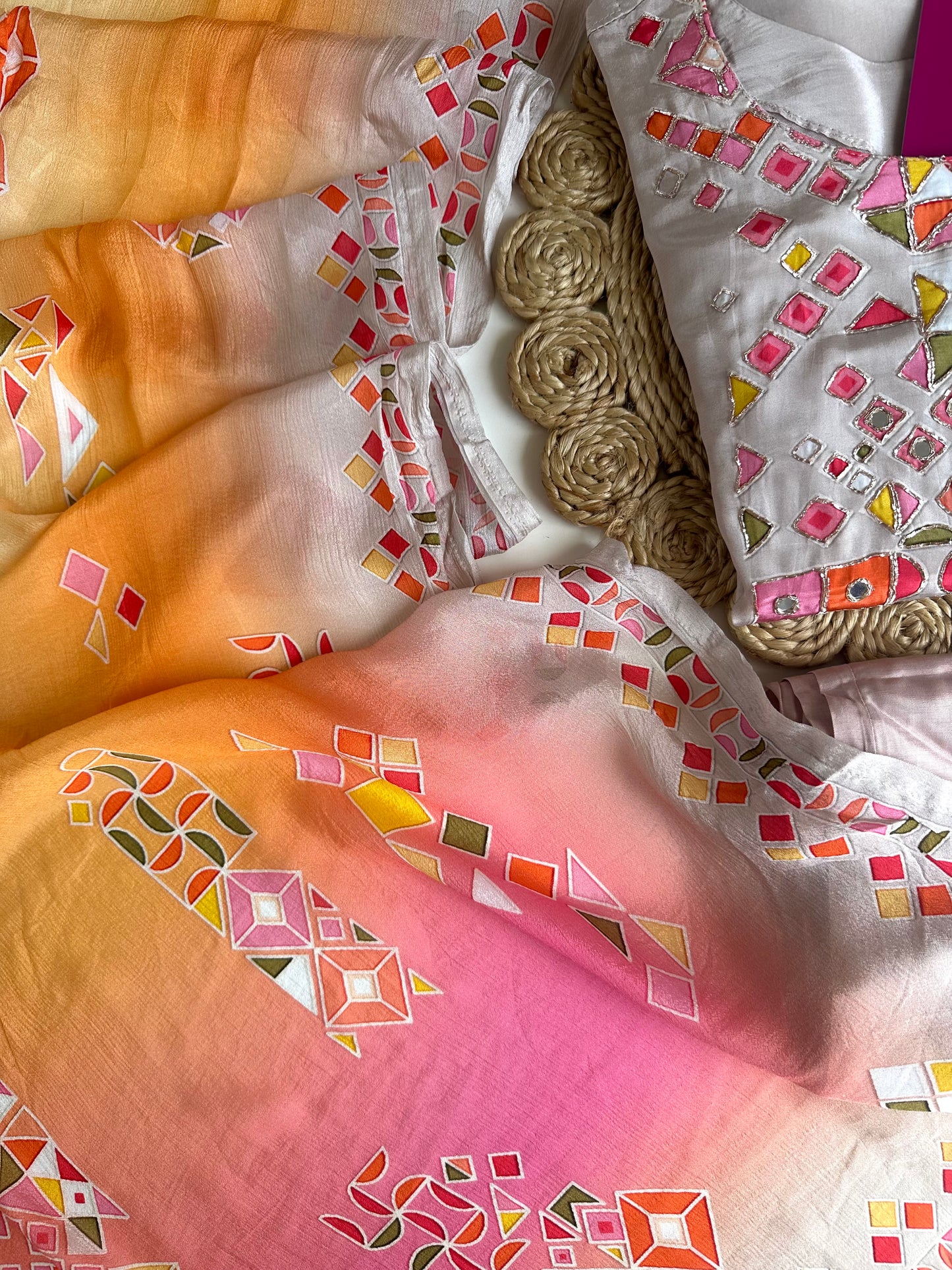 K132 - Pure crape handwork straight Kurti with pants and dupatta
