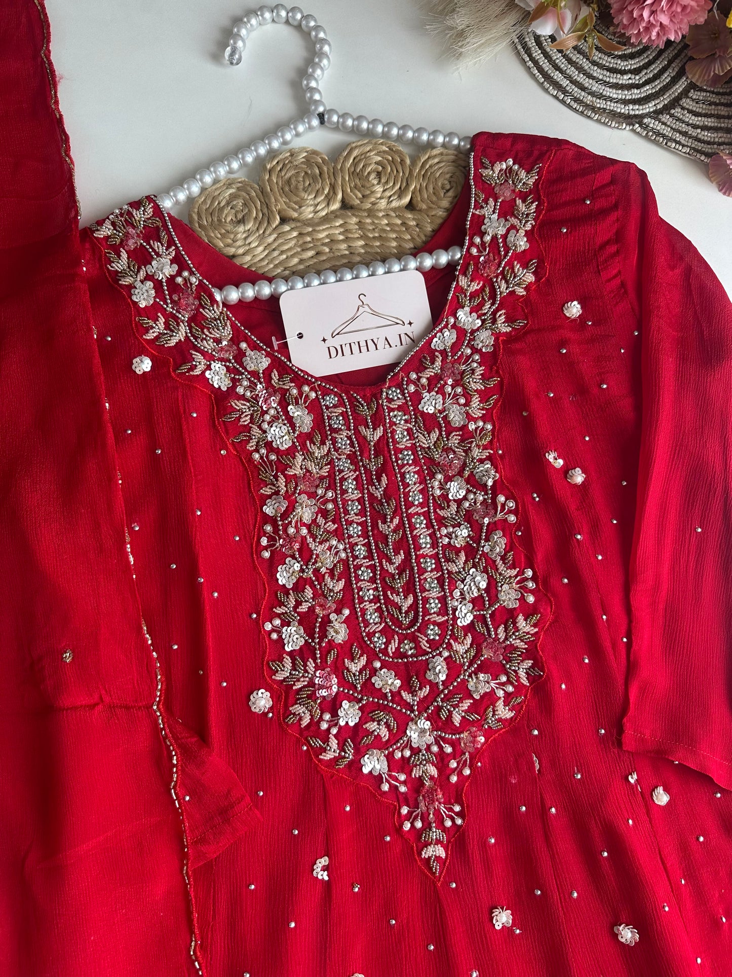 K145 - Chinnon heavy Anarkali with pants and dupatta