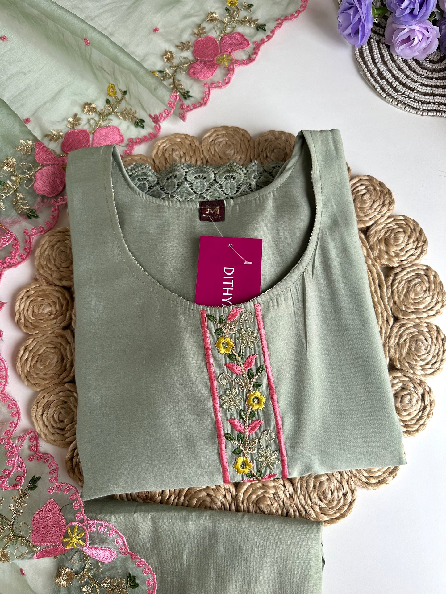 K147 - Roman silk embroidered straight Kurti with pants and dupatta