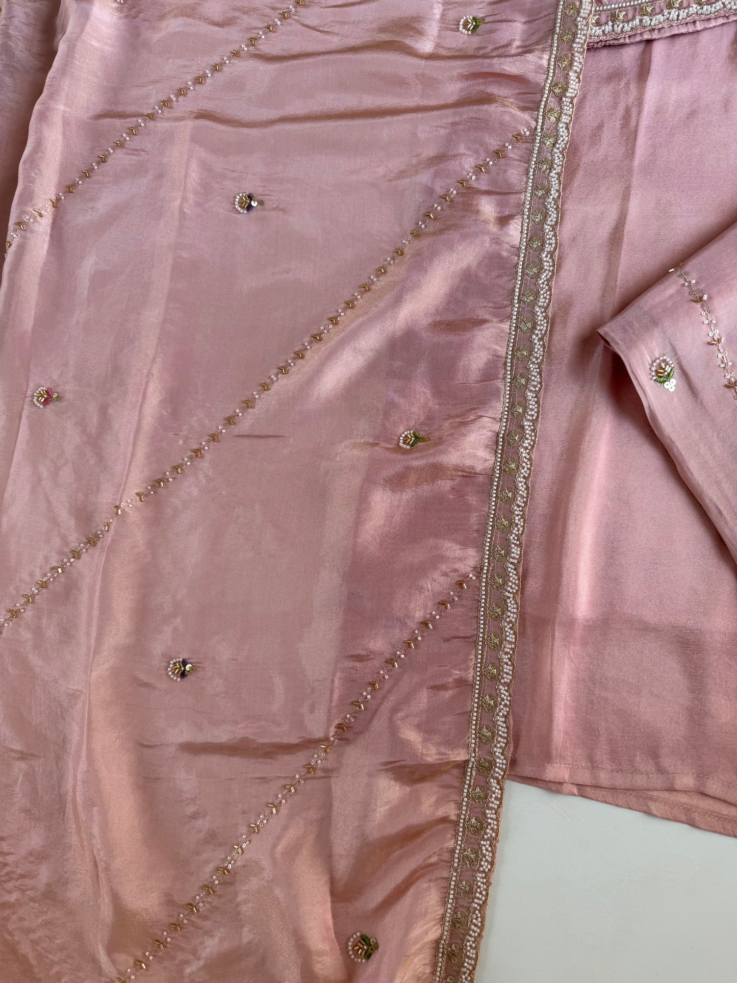 K627 - Tissue silk handwork straight Kurti with pants and dupatta