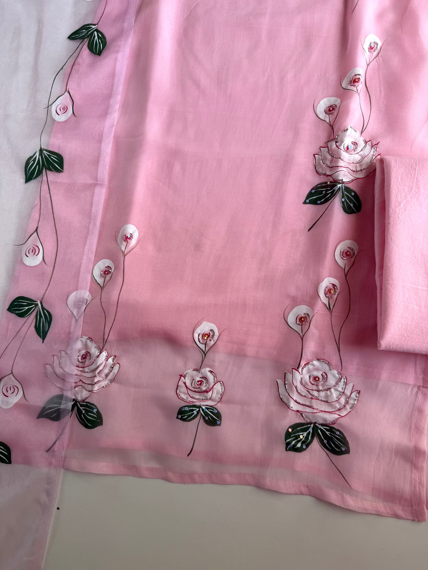K195 - Viscose organza hand painted straight Kurti with pants and dupatta