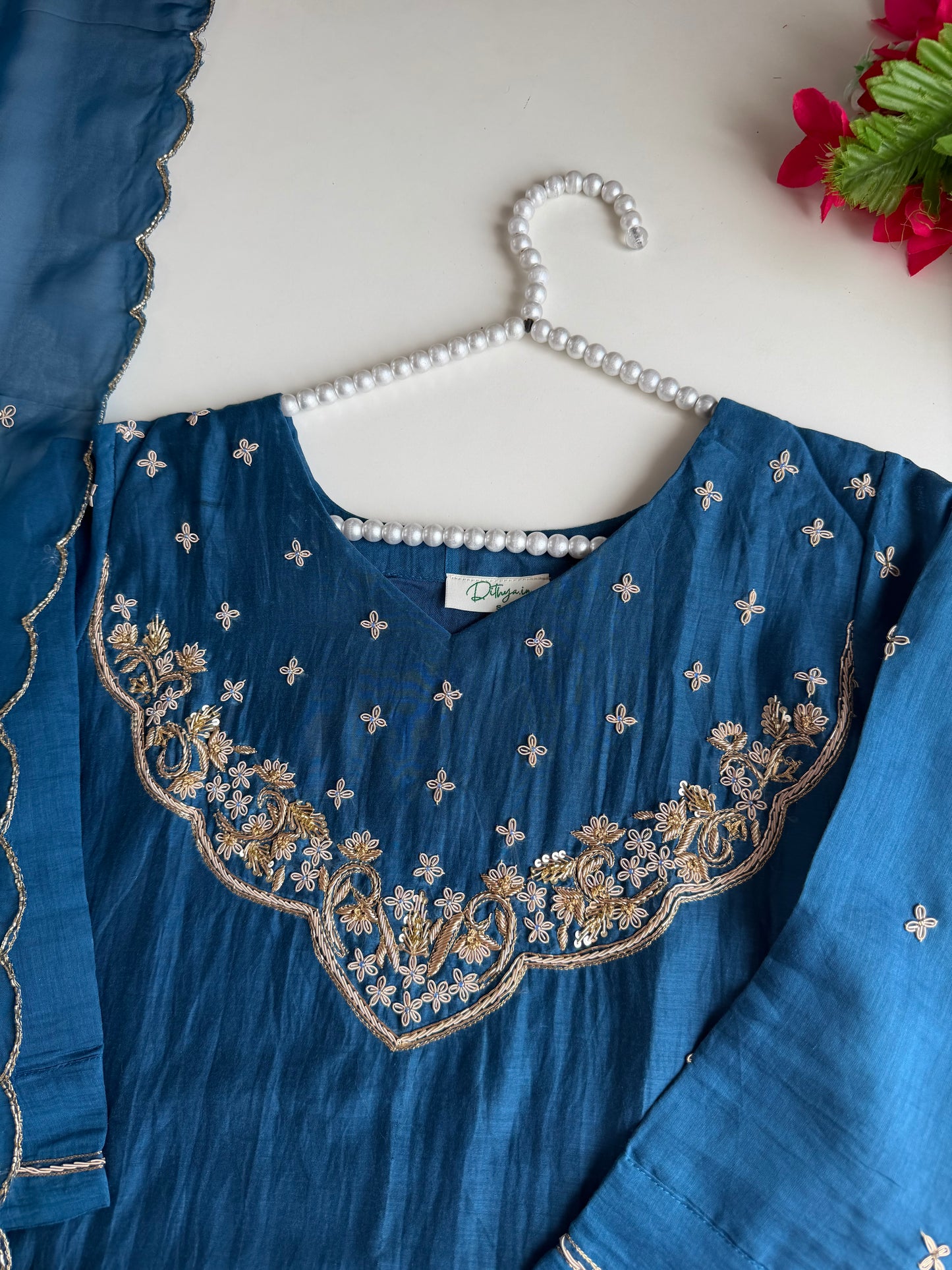 K328 - Mul chanderi handwork aline Kurti with pants and dupatta in 2 colours