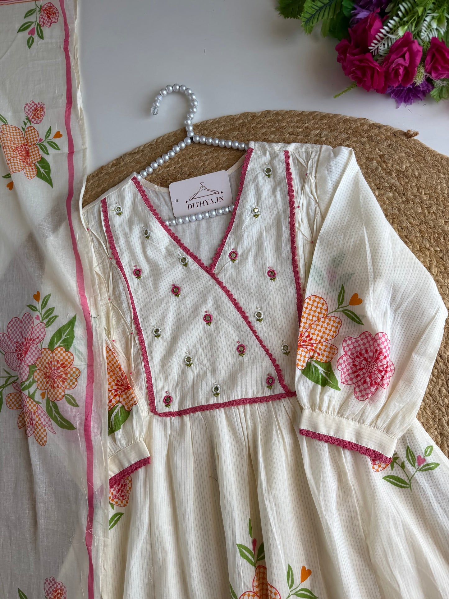 K574 - Mul cotton embroidered Anarkali with pants and dupatta