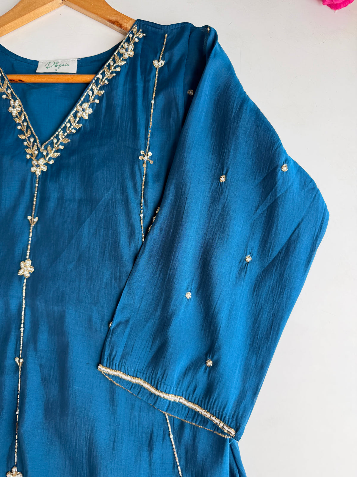 K690 - Surat mul chanderi handwork aline Kurti with pants and dupatta