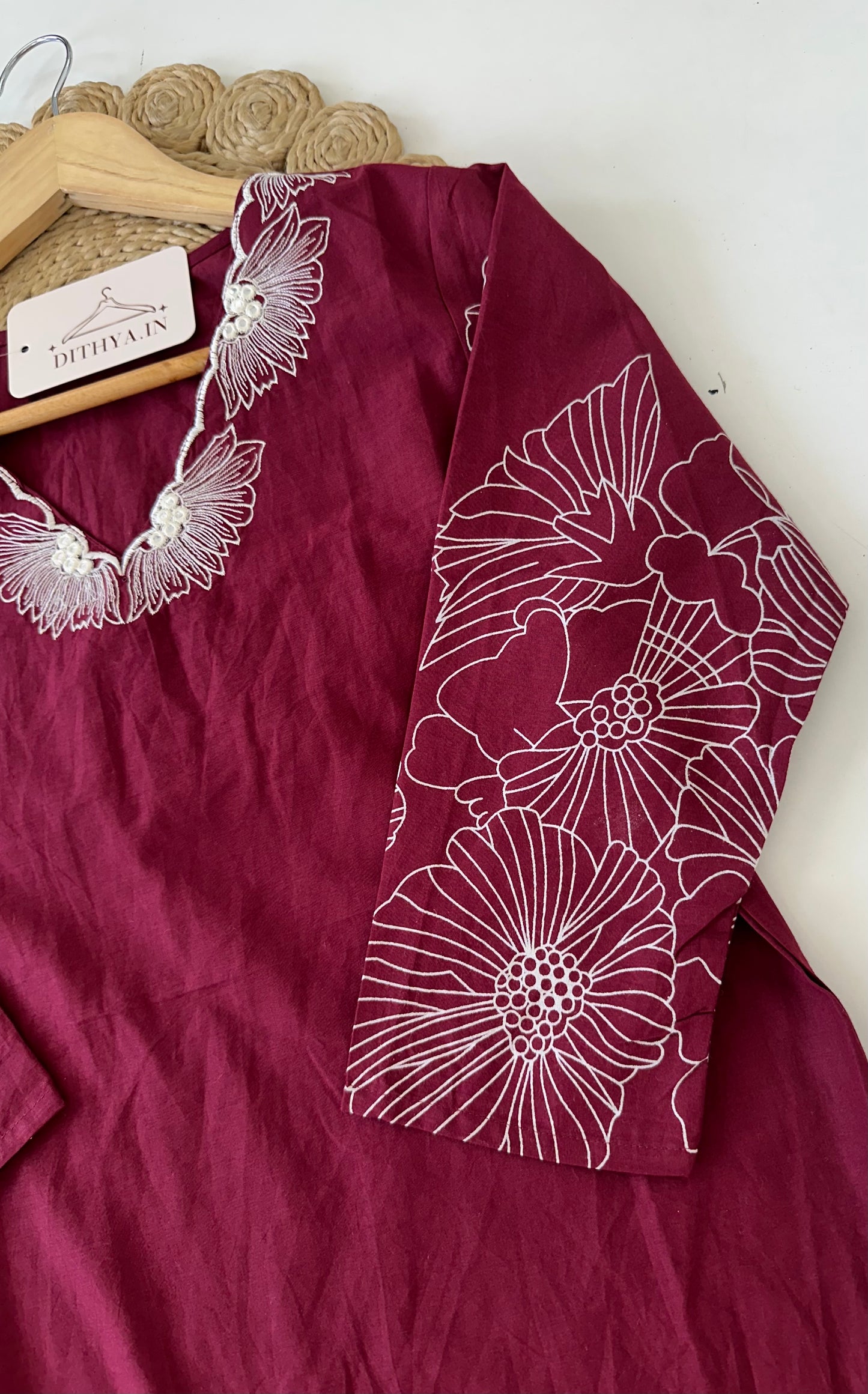 K075 - Mul cotton embroidered straight Kurti with pants and dupatta