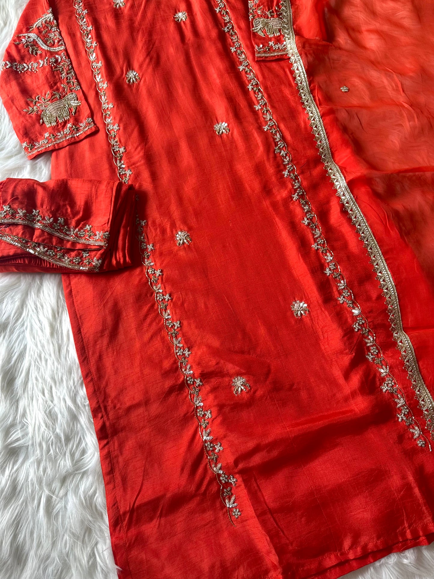 K266 - Russian Silk handwork Straight kurti with pants and dupatta.