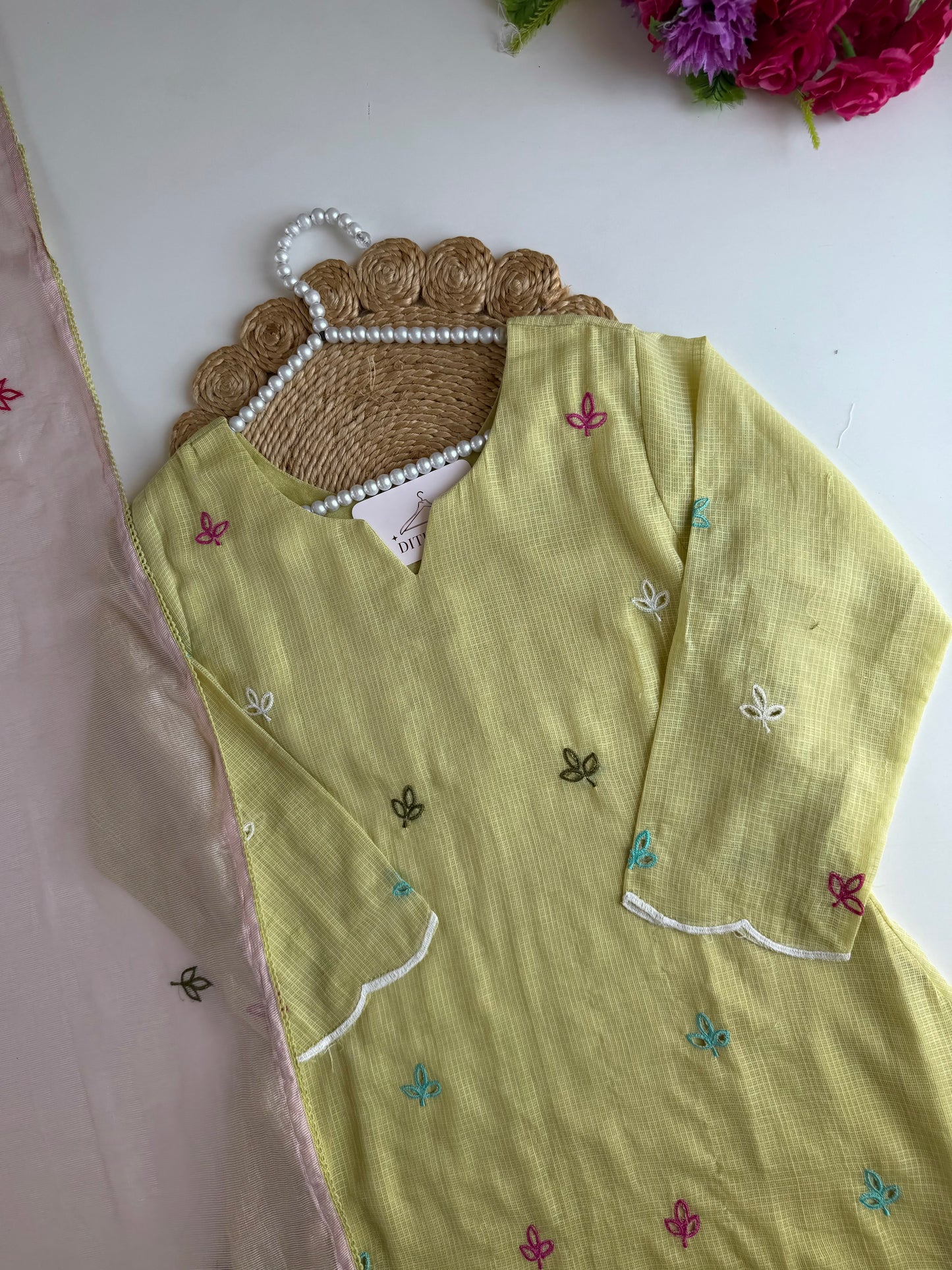 K077 - Kota doriya embroidered Aline Kurti with pants and dupatta
