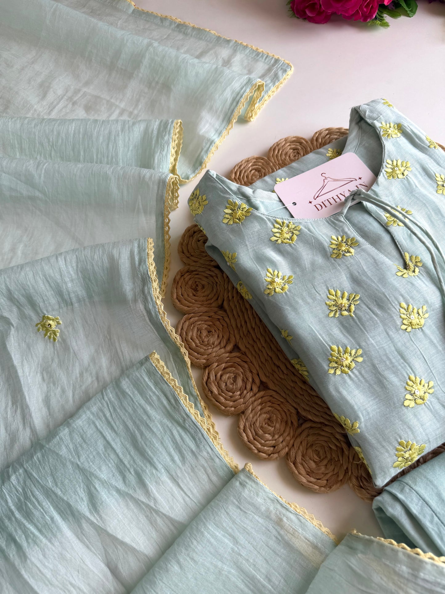 K679 - Mul chanderi embroidered Aline Kurti with pants and dupatta