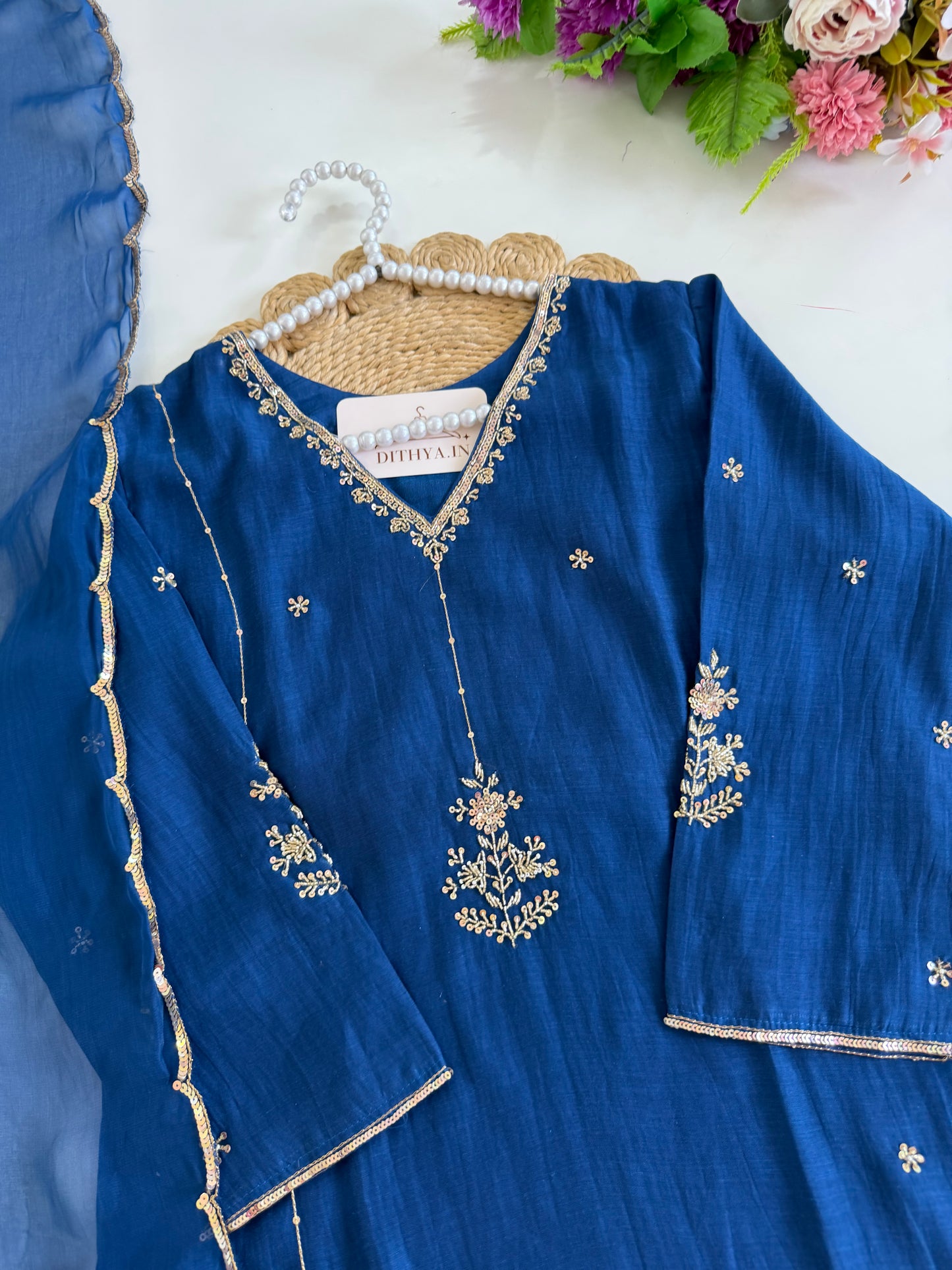 K195 - Mul chanderi handwork aline Kurti with pants and dupatta