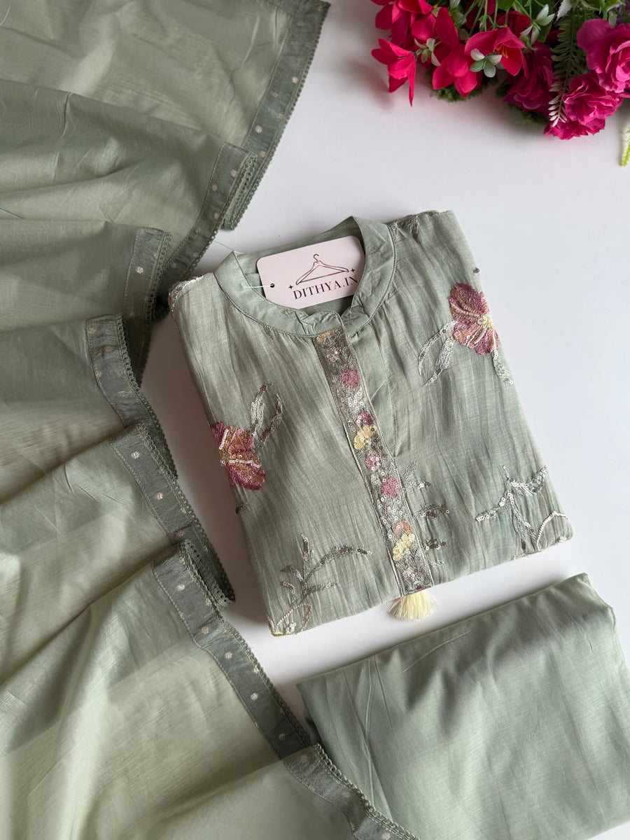 K606 - Mul chanderi tissue embroidered Anarkali with pants and dupatta