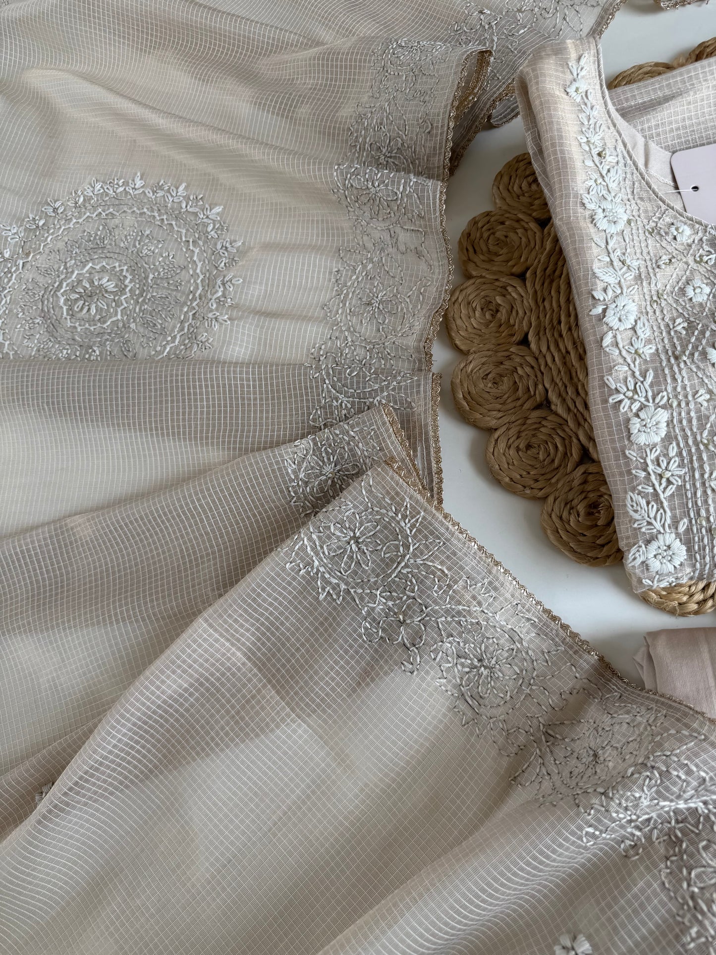 K107 - Chanderi tissue silk embroidered straight Kurti with pants and dupatta in 2 colours