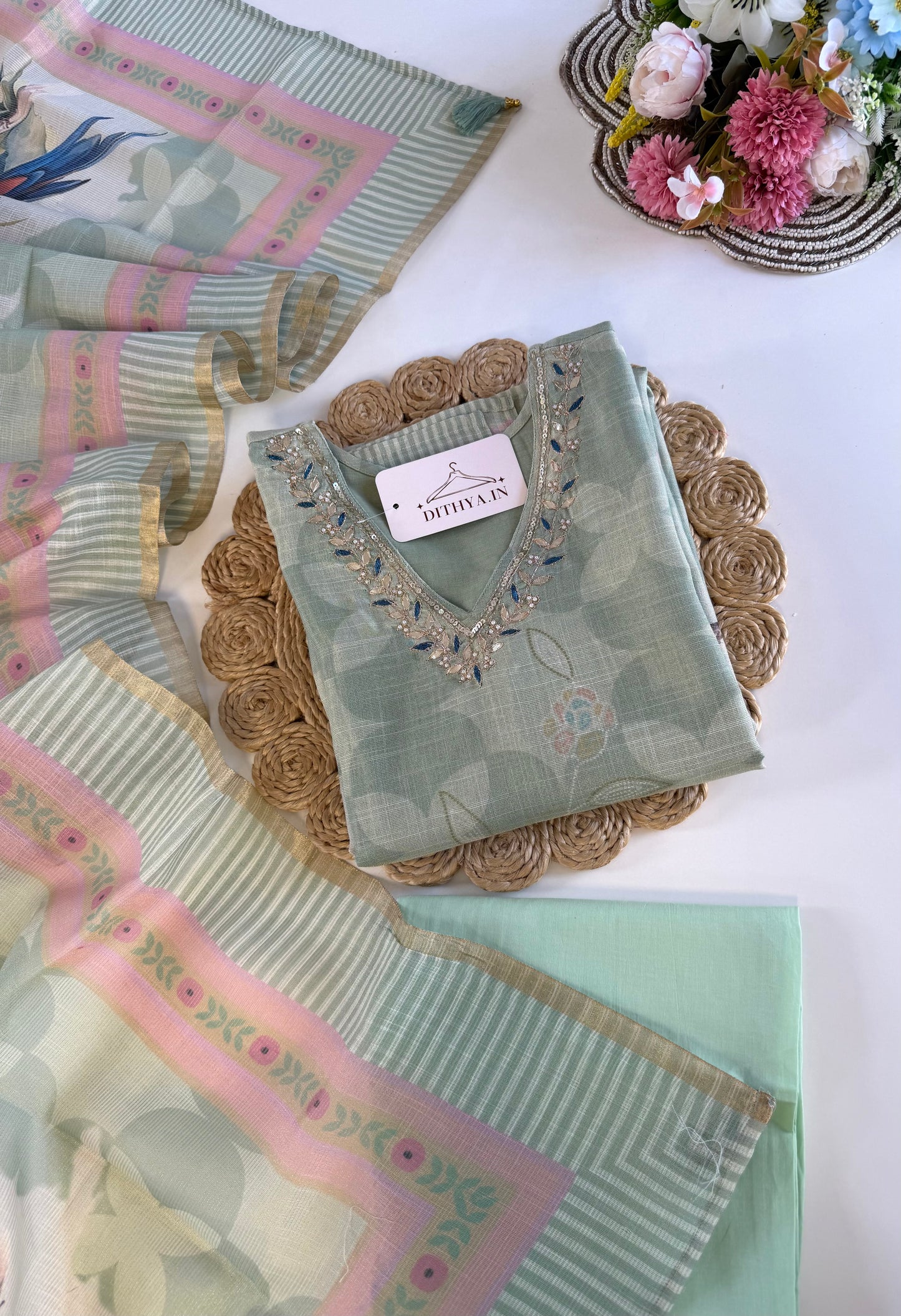 K619 - Linen cotton straight Kurti with pants and dupatta