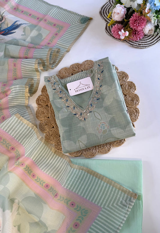 K619 - Linen cotton straight Kurti with pants and dupatta