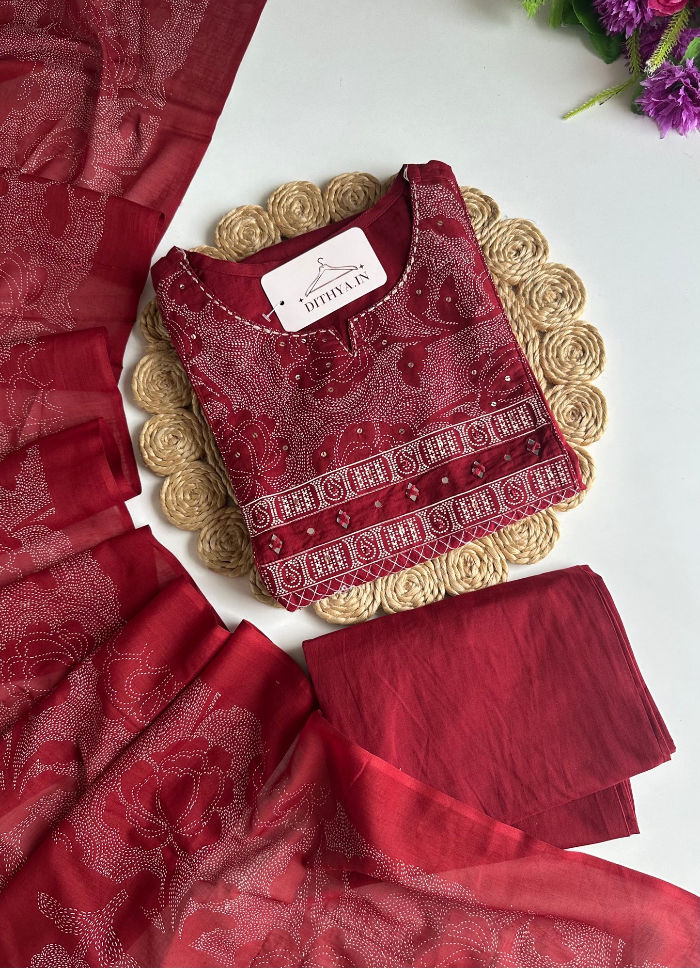K669 - Mul cotton embroidered Aline Kurti with pants and dupatta