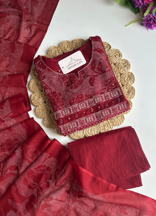 K669 - Mul cotton embroidered Aline Kurti with pants and dupatta