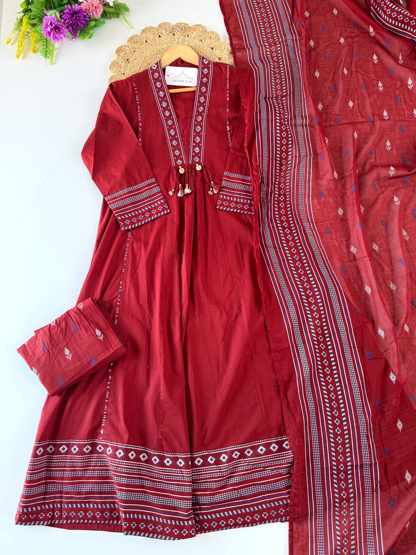 K692 - Mul cotton embroidered Aline Kurti with pants and dupatta