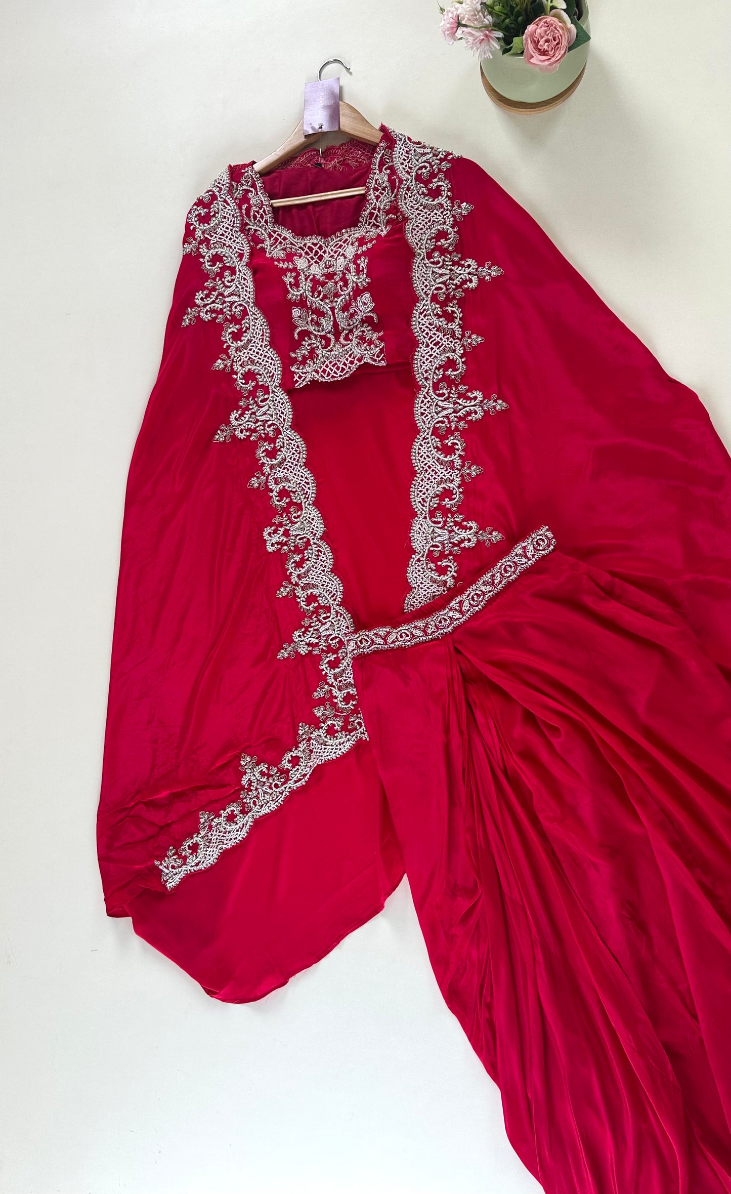 K184 - Heavy Handwork Pure Crape silk Crop top with Dhoti style skirt and cape.