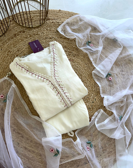 K340 - Mulmul chanderi embroidered Aline Kurti with pants and dupatta .