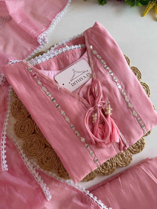 K537 - Mul chanderi mirror work Anarkali with pants and dupatta