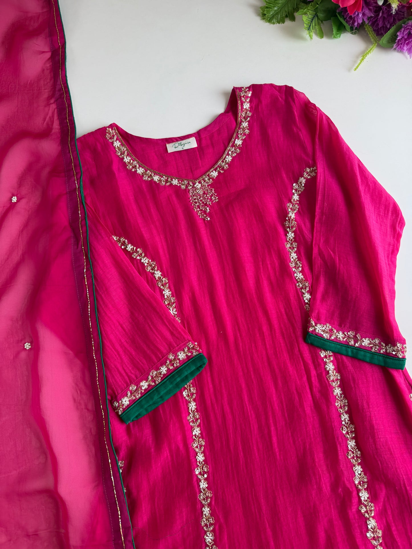K507 - Mul chanderi handwork aline Kurti with pants and dupatta