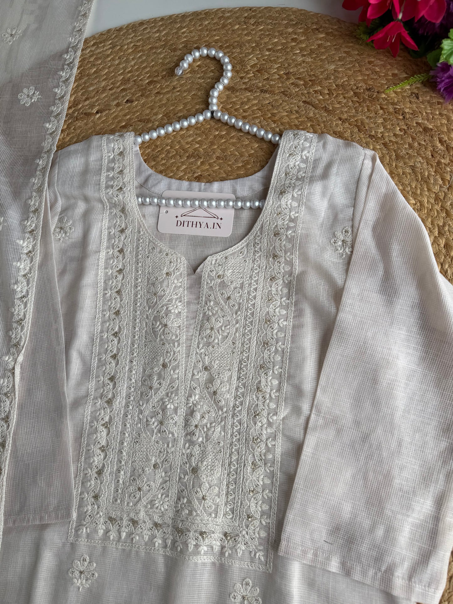 K071 - Chanderi silk embroidered straight Kurti with pants and dupatta