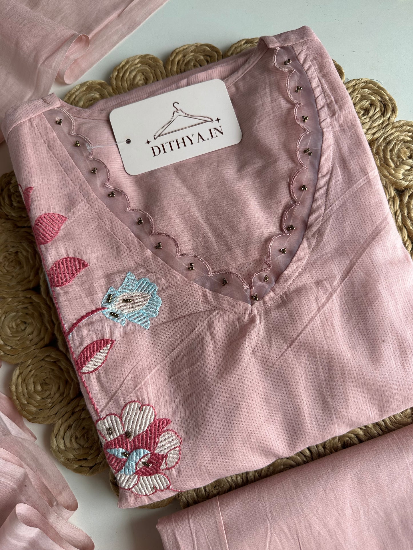 K674 - Mul cotton embroidered straight Kurti with pants and dupatta