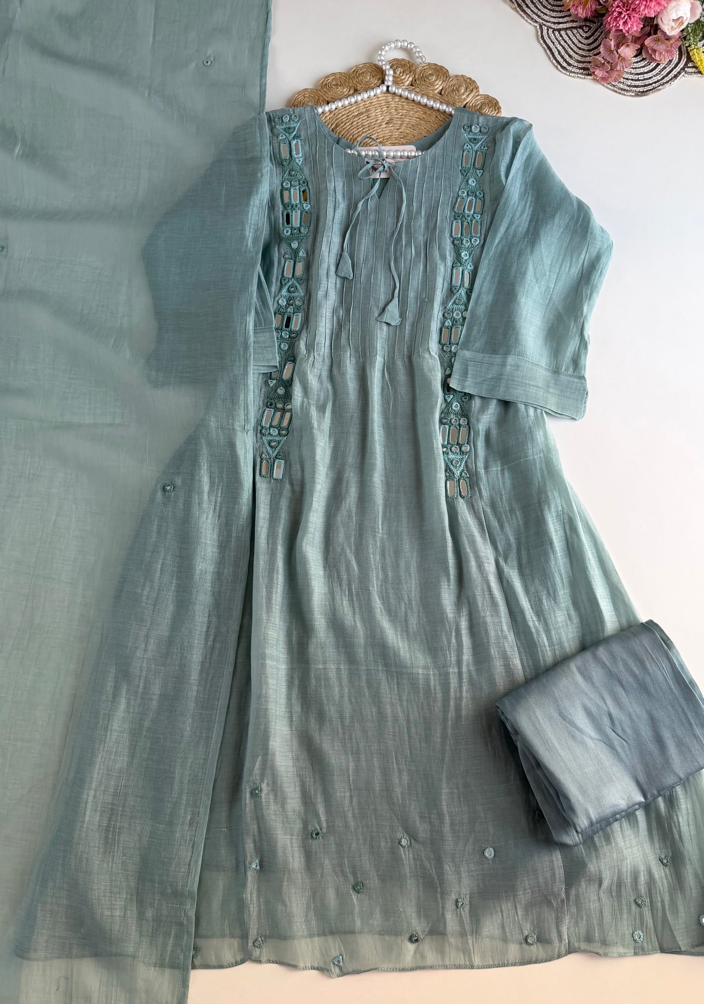 K350 - Mul chanderi mirror embroidered Aline Kurti with pants and dupatta