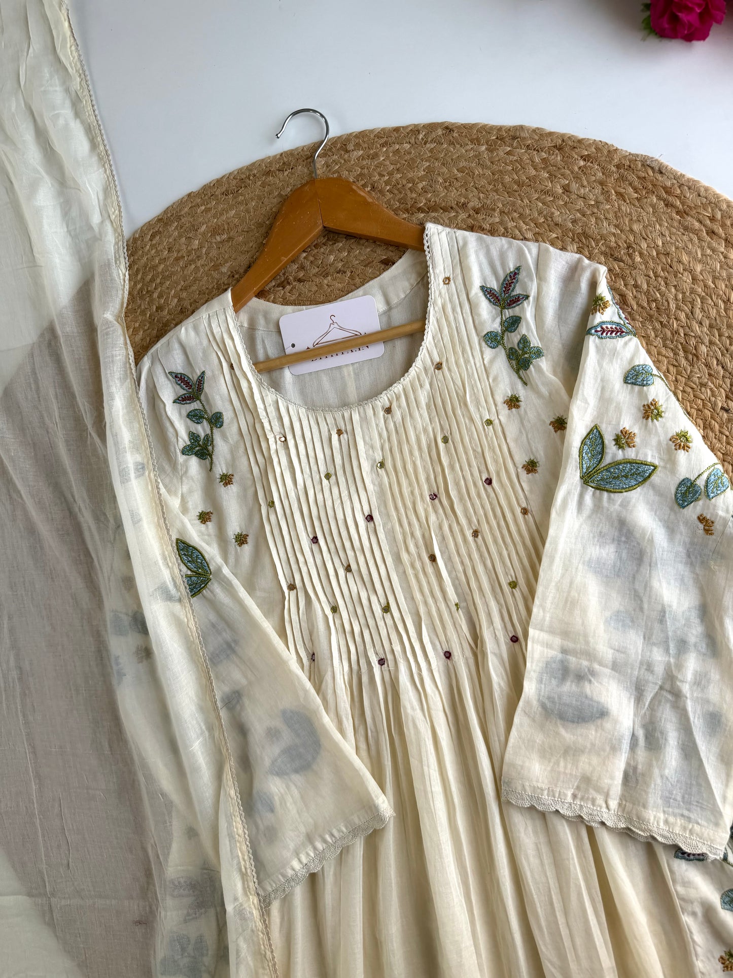 K010 - Mul cotton embroidered Anarkali with pants and dupatta in 2 colours