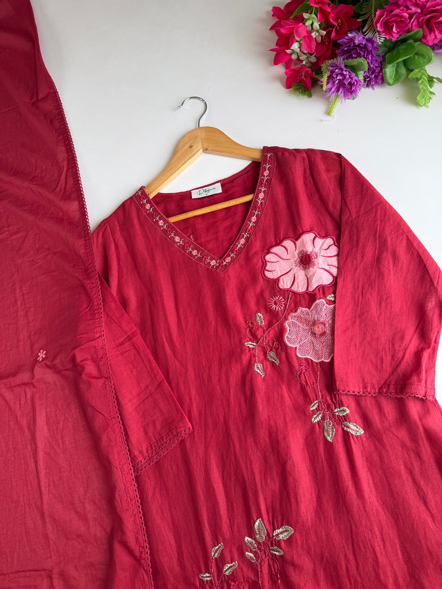 K247 - Mul cotton appliqué embroidered Aline Kurti with pants and dupatta