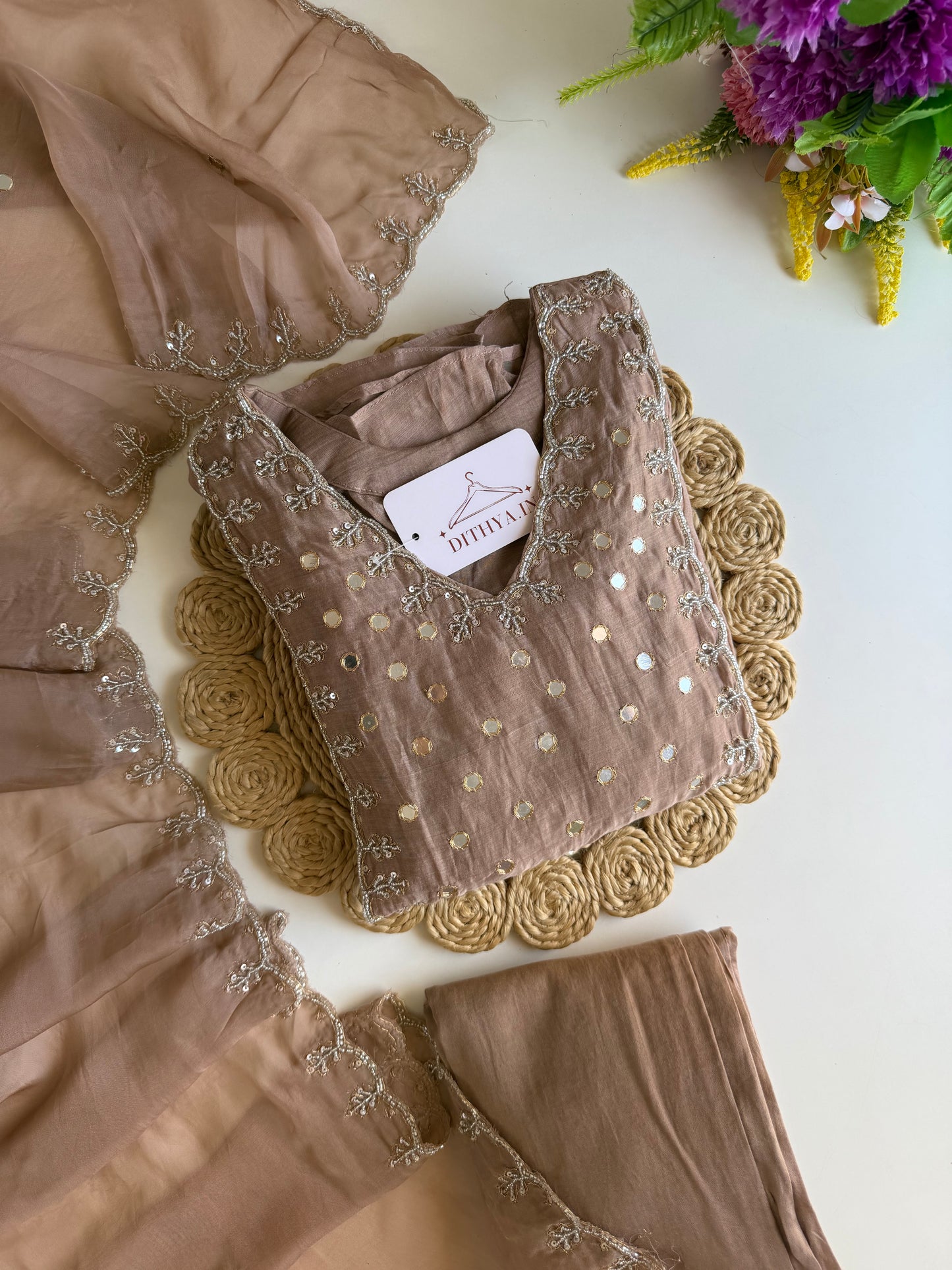 K278 - Mul chanderi mirror handwork Anarkali with pants and dupatta
