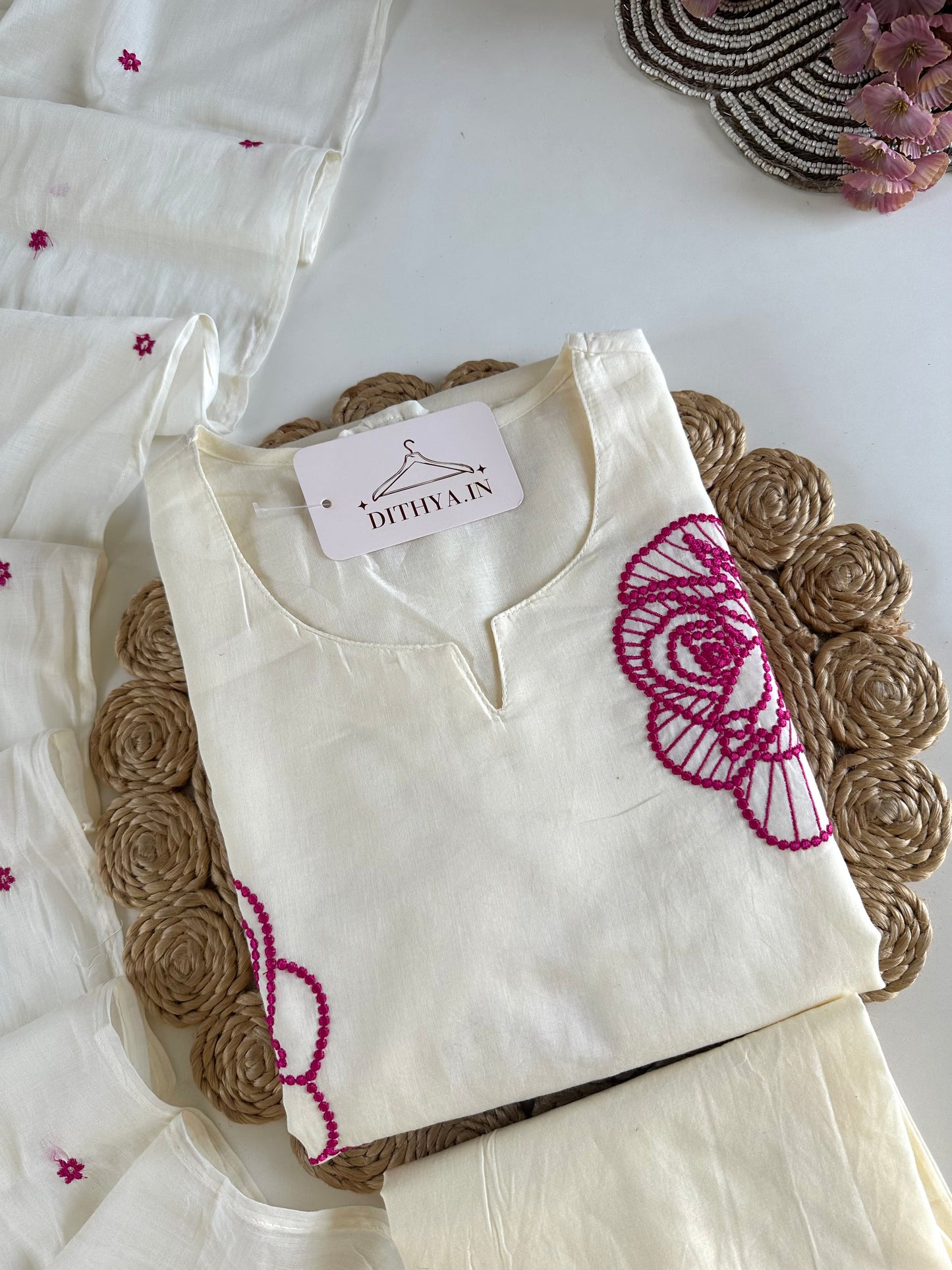 K449 - Mul cotton embroidered Aline Kurti with pants and dupatta