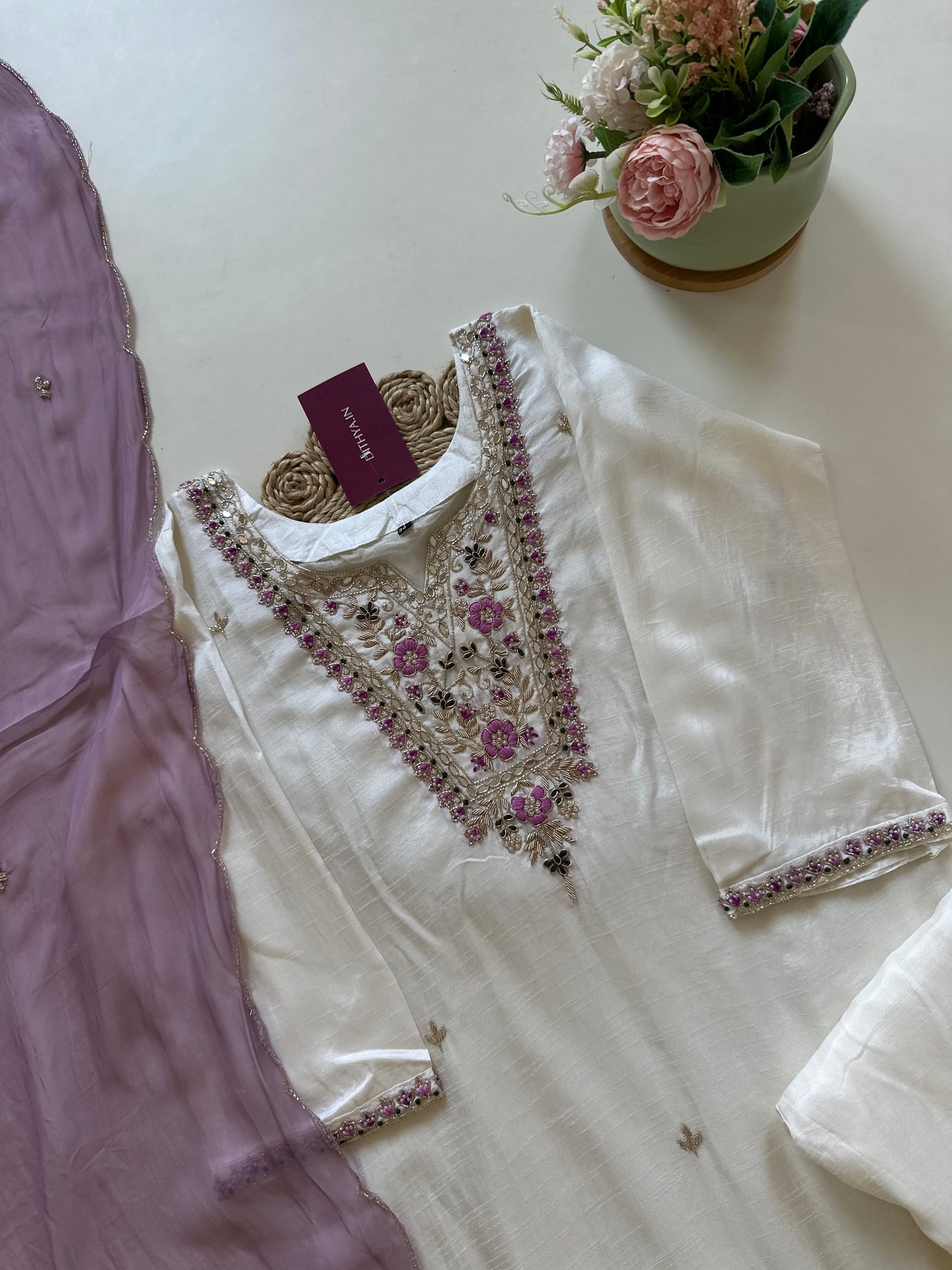 K174 - Russian silk handwork kurti with pants and viscose organza dupatta .