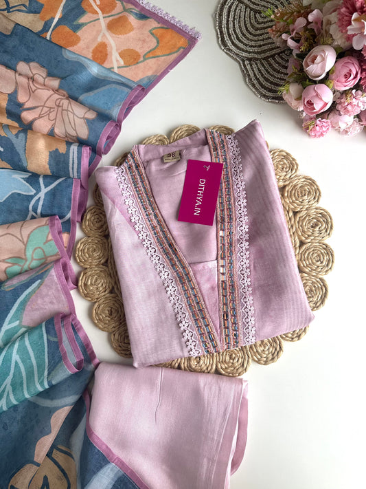 K070 - Russian silk Floral handwork Aline Kurti with pants and dupatta