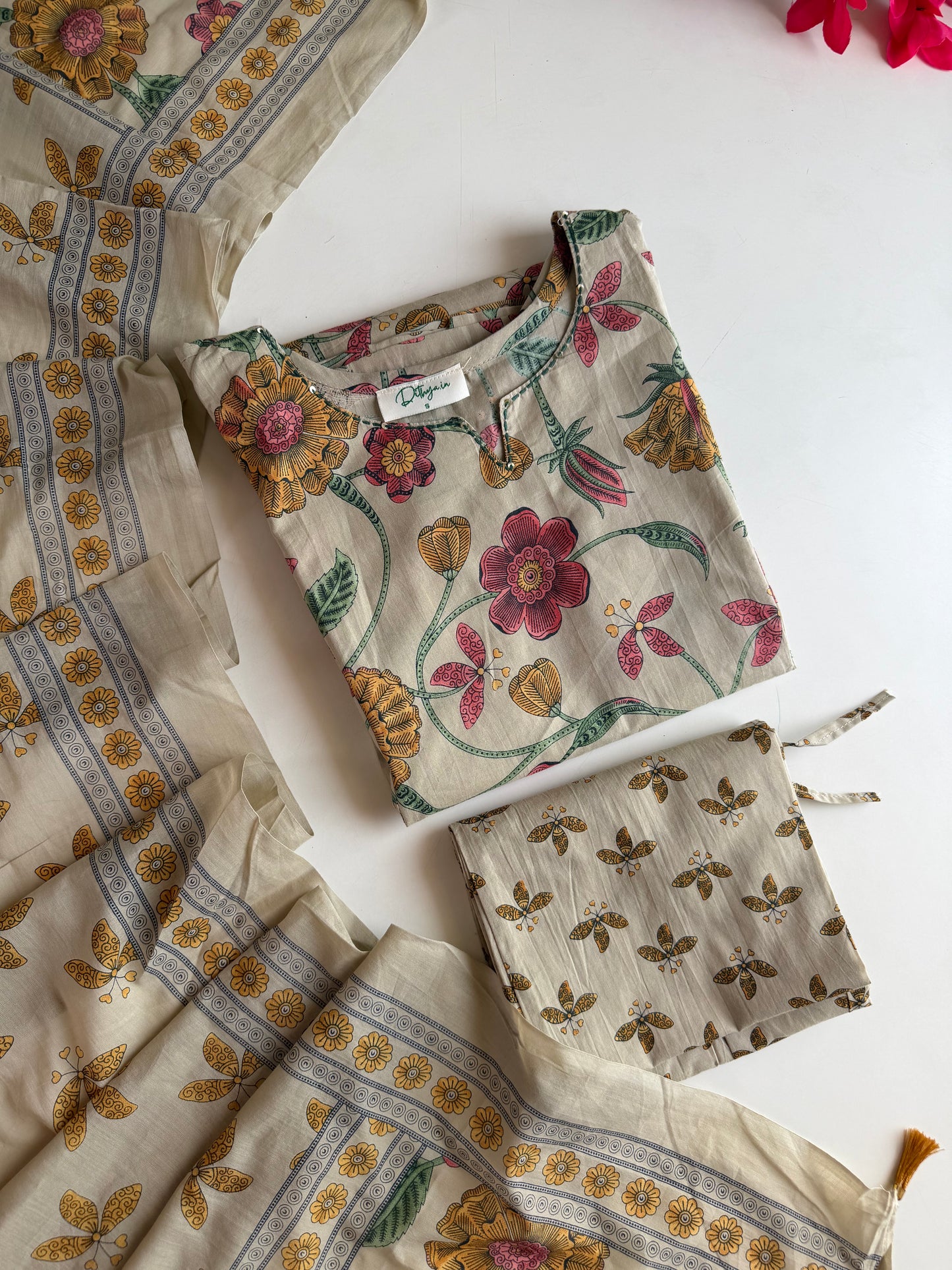 K139 - Mul cotton floral printed Aline Kurti with pants and dupatta