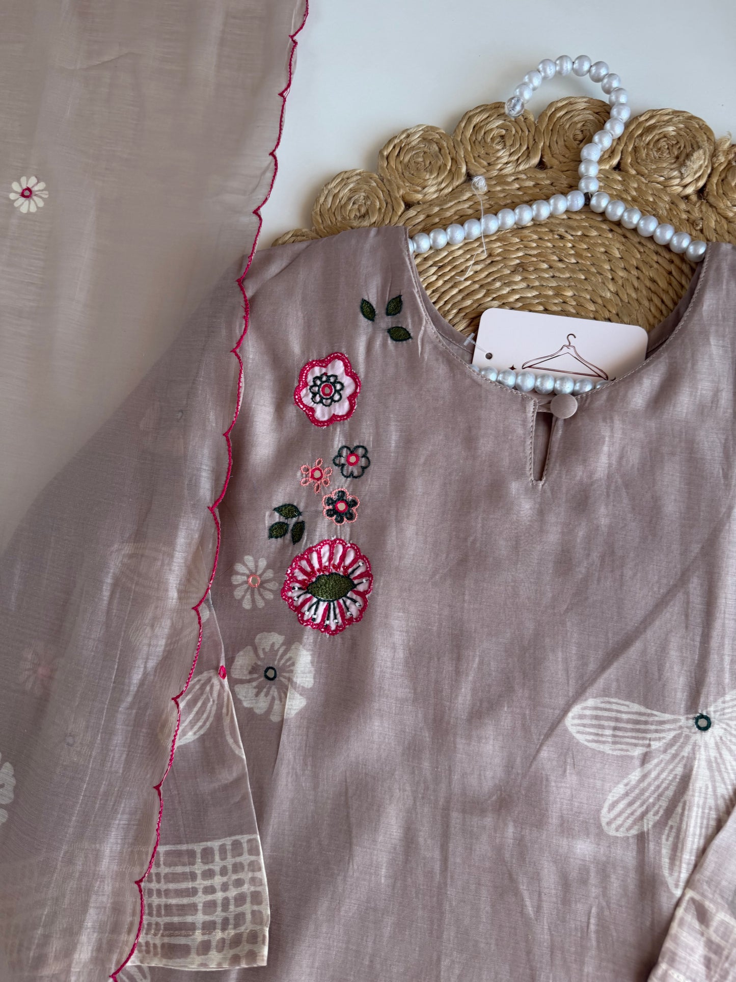 K619 - Mul chanderi embroidered straight Kurti with pants and dupatta