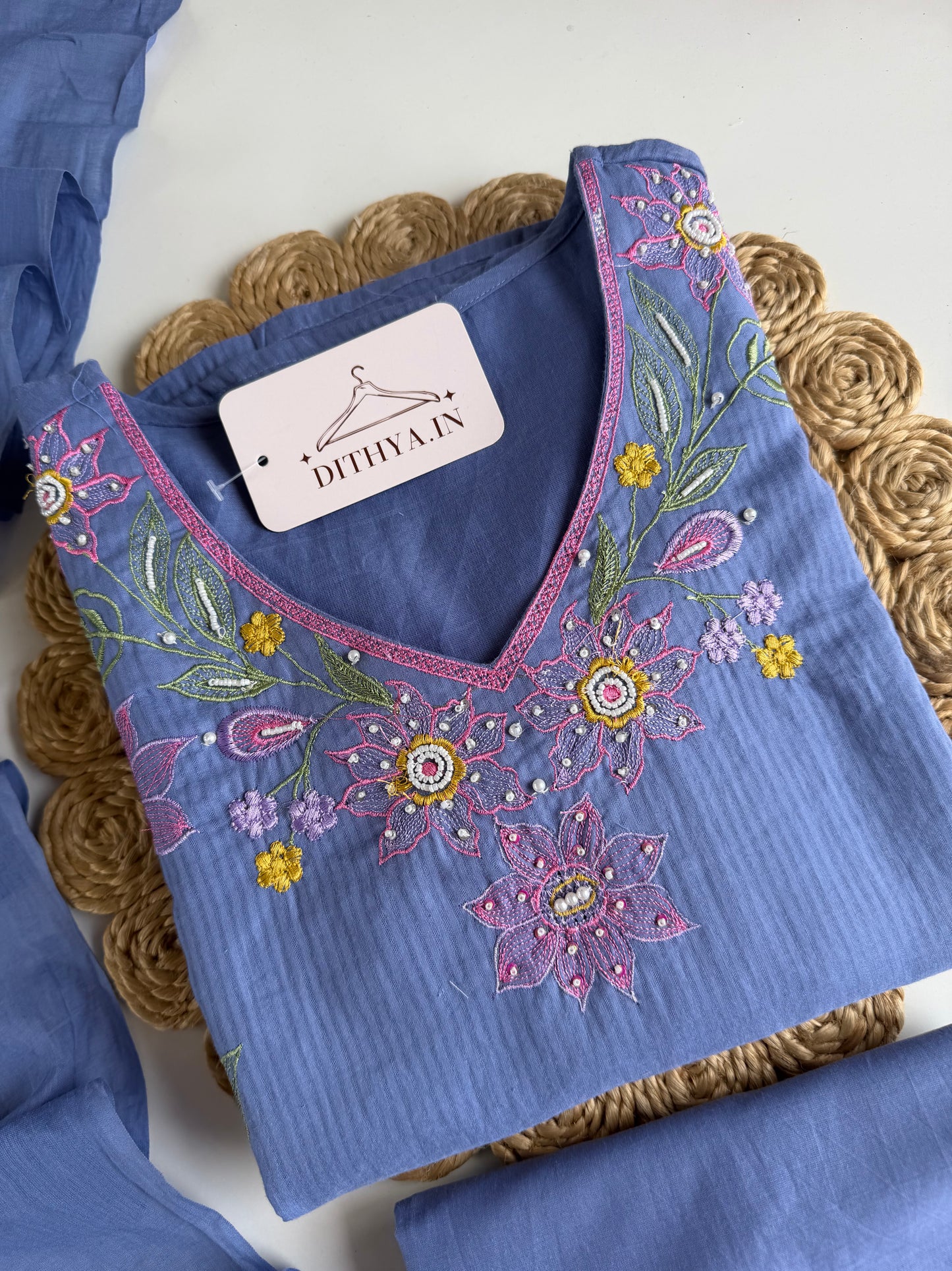 K235 - Mul cotton embroidered Aline Kurti with pants and dupatta
