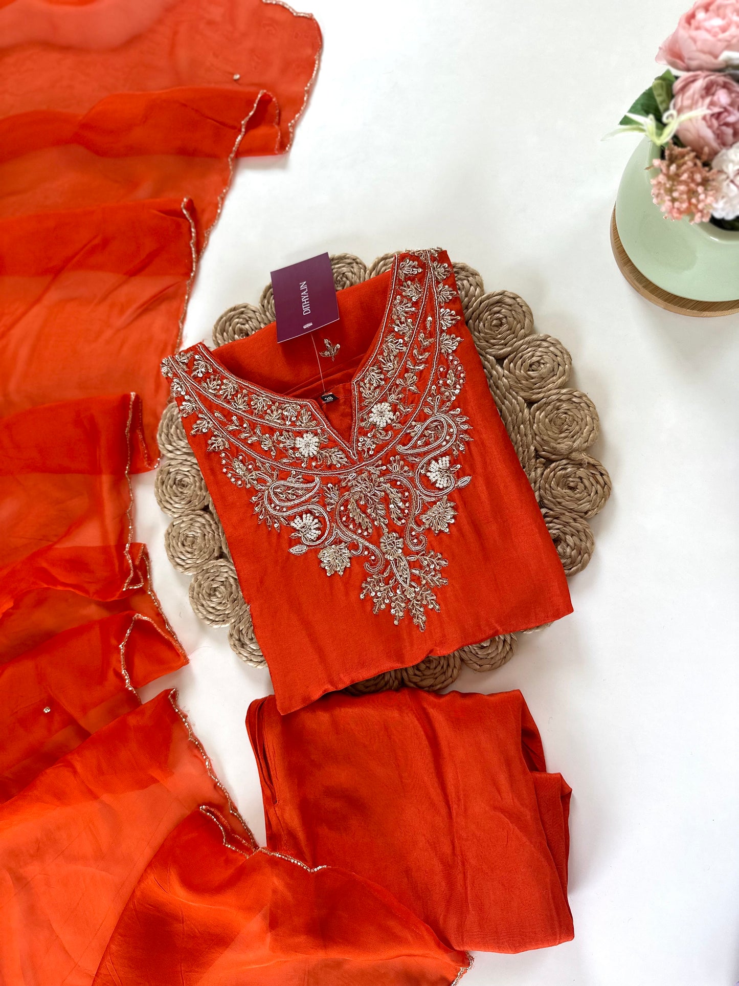 K120 - Zardosi Handwork Russian silk kurti with pants and dupatta