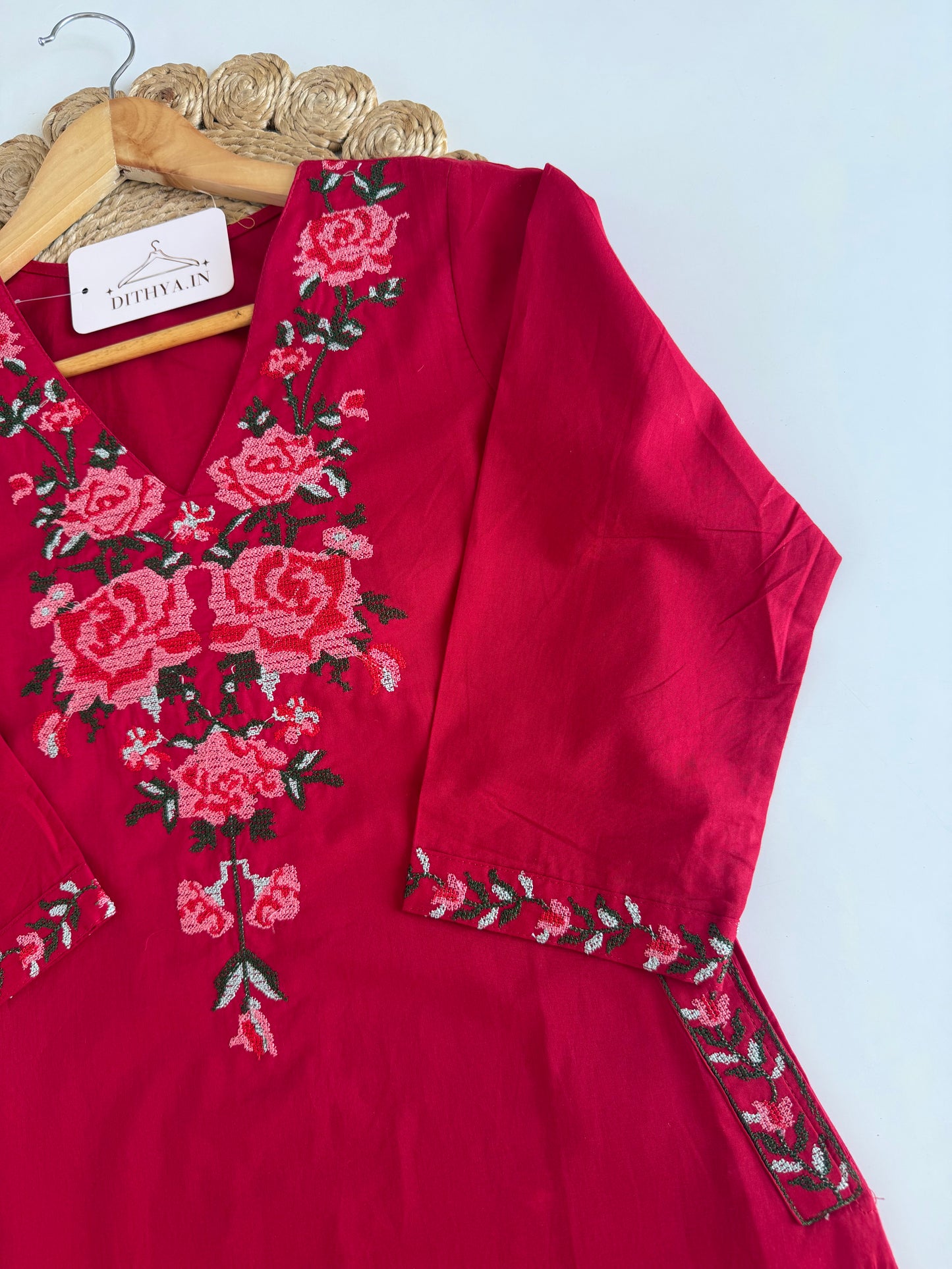 K270 - Mul cotton embroidered straight Kurti with pants and dupatta