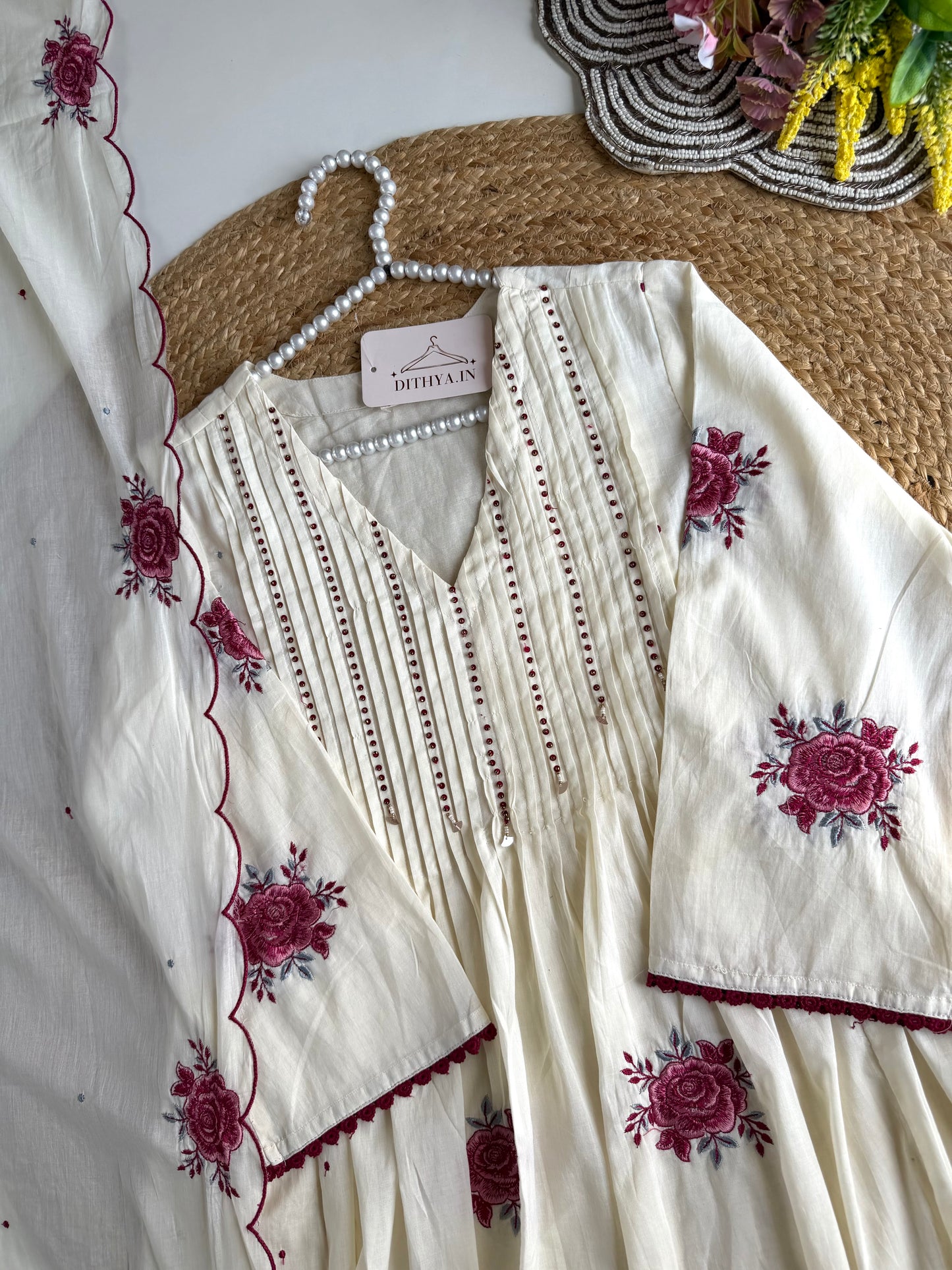 K333 - Mul cotton embroidered Anarkali with pants and dupatta