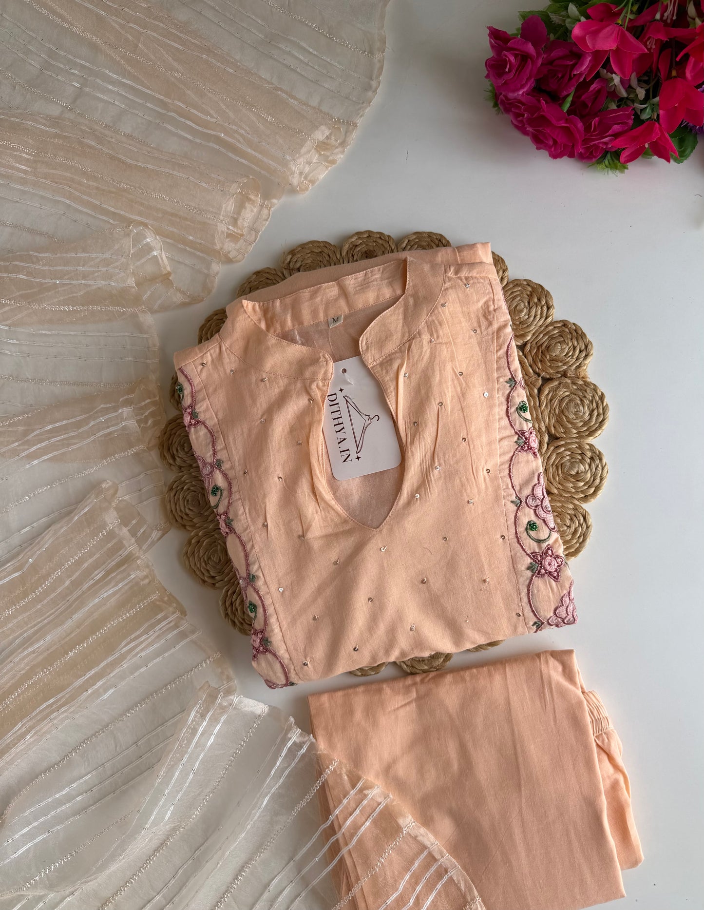 K727 - Mul cotton embroidered Aline Kurti with pants and dupatta