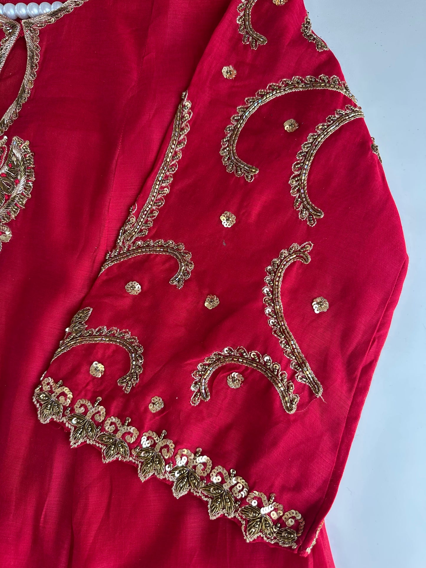 K035 - Mul Chanderi Handwork Aline Kurti with pants and dupatta in 2 colours