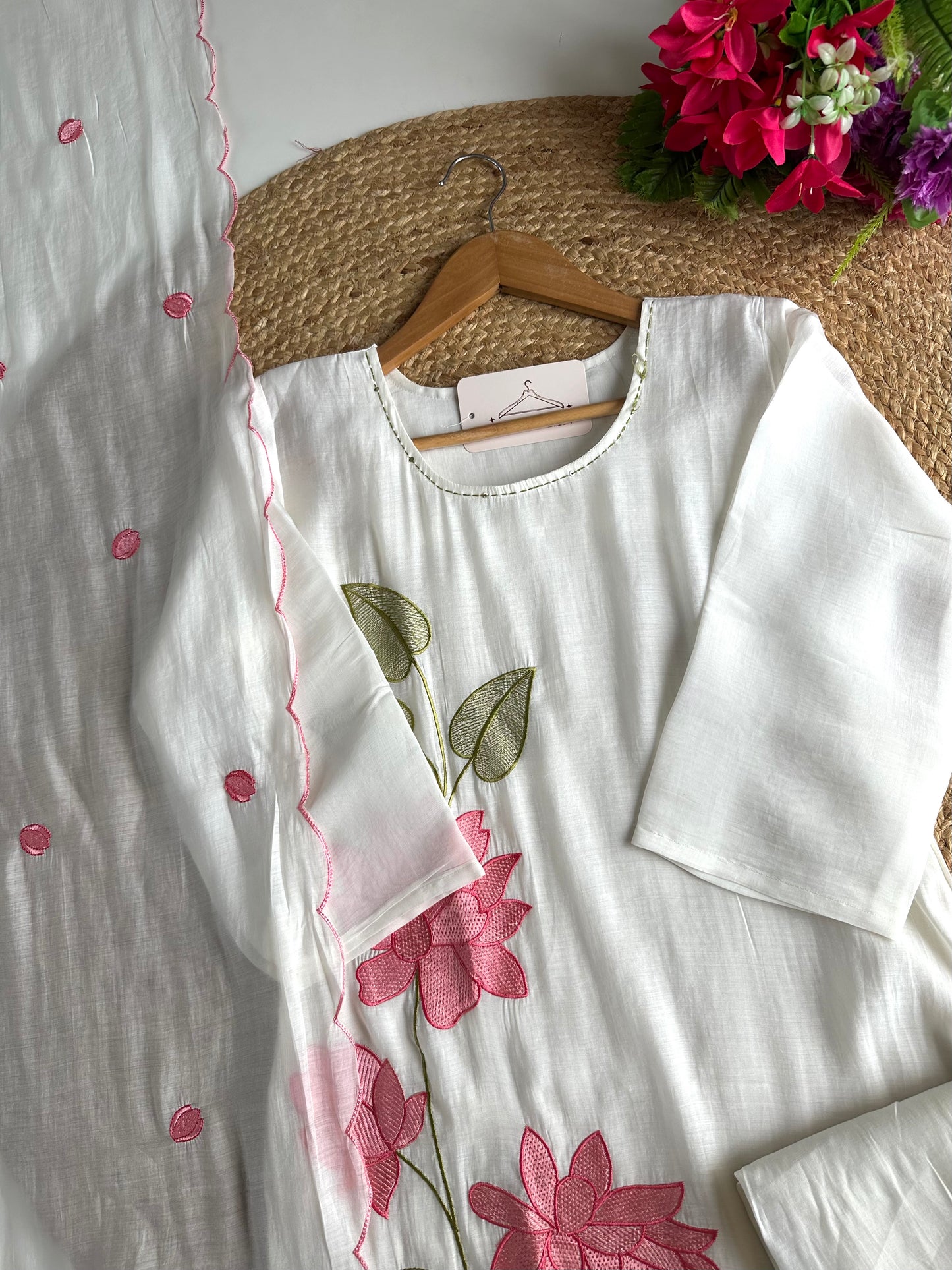 K160 - Muslin embroidered straight Kurti with pants and dupatta