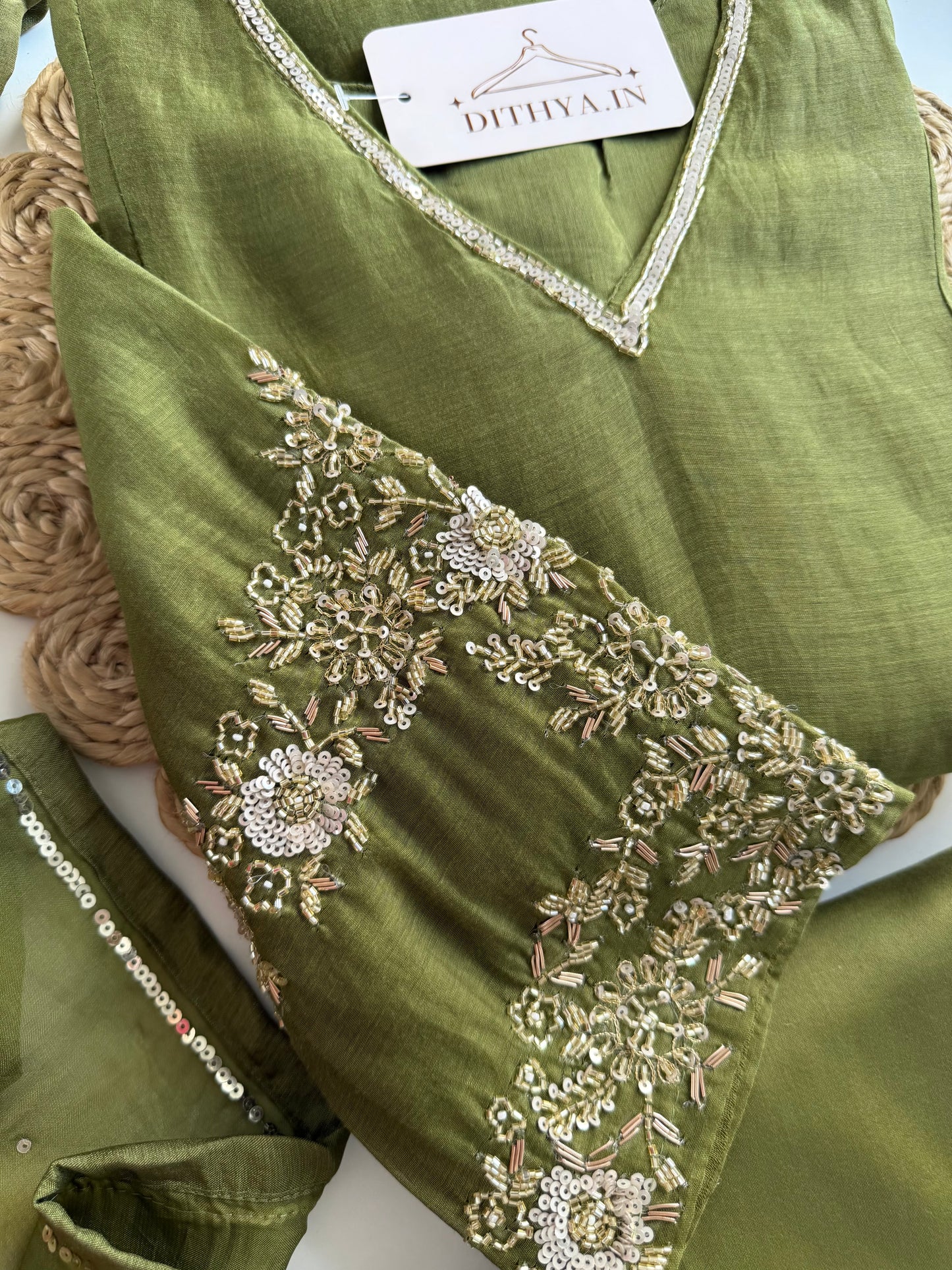 K179 - Mul chanderi handwork Aline Kurti with pants and dupatta