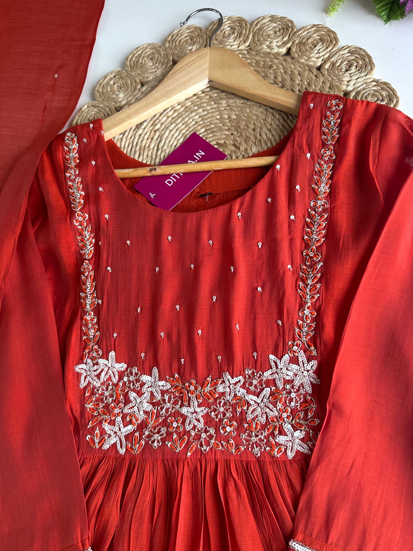 K007 - Mul Chanderi handwork Aline Kurti with pants and dupatta in 2 colours
