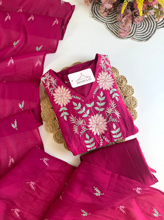 K477 - Mul chanderi appliqué work embroidered Anarkali with pants and dupatta