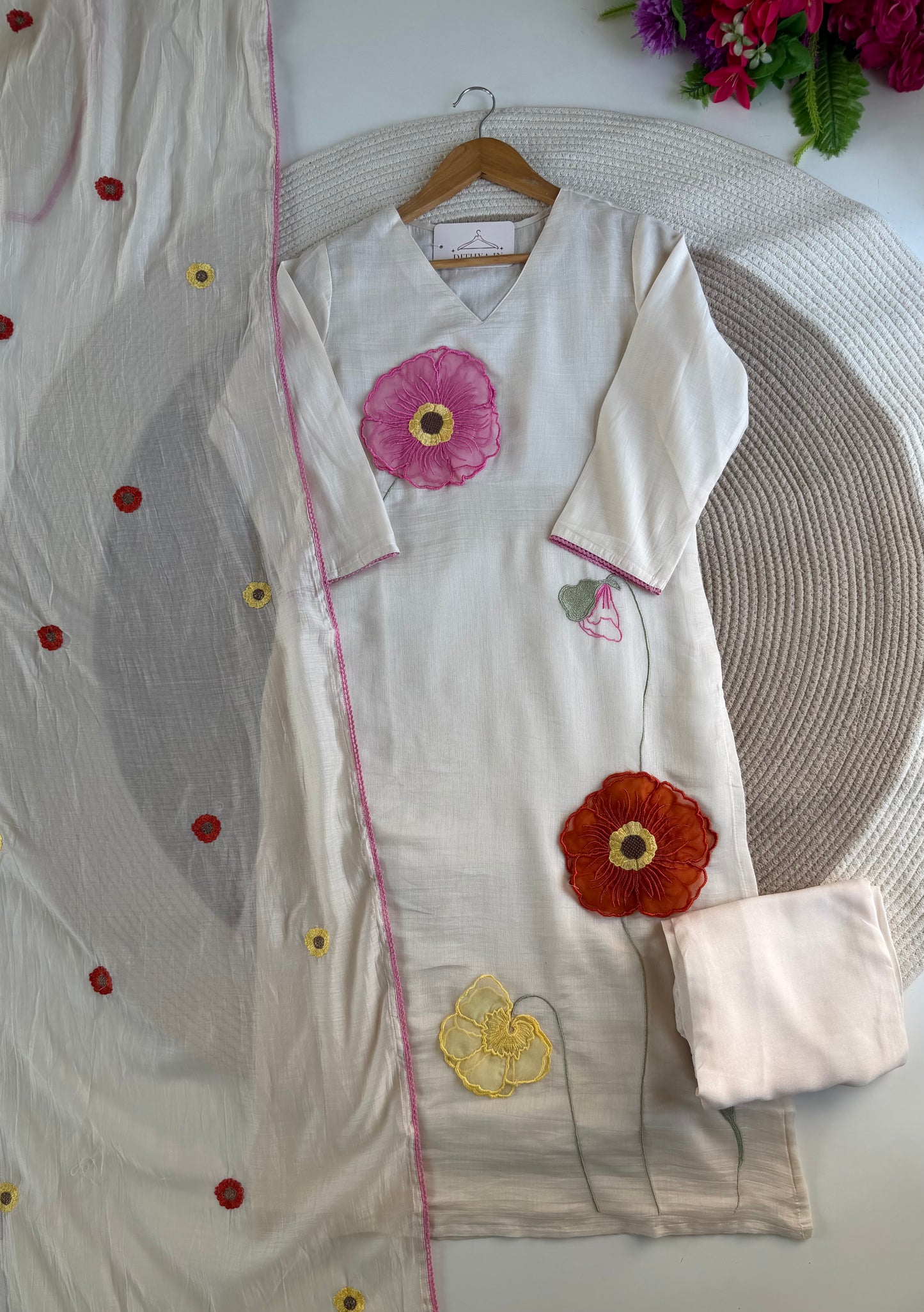K208 - Mul chanderi appliqué work straight Kurti with pants and dupatta