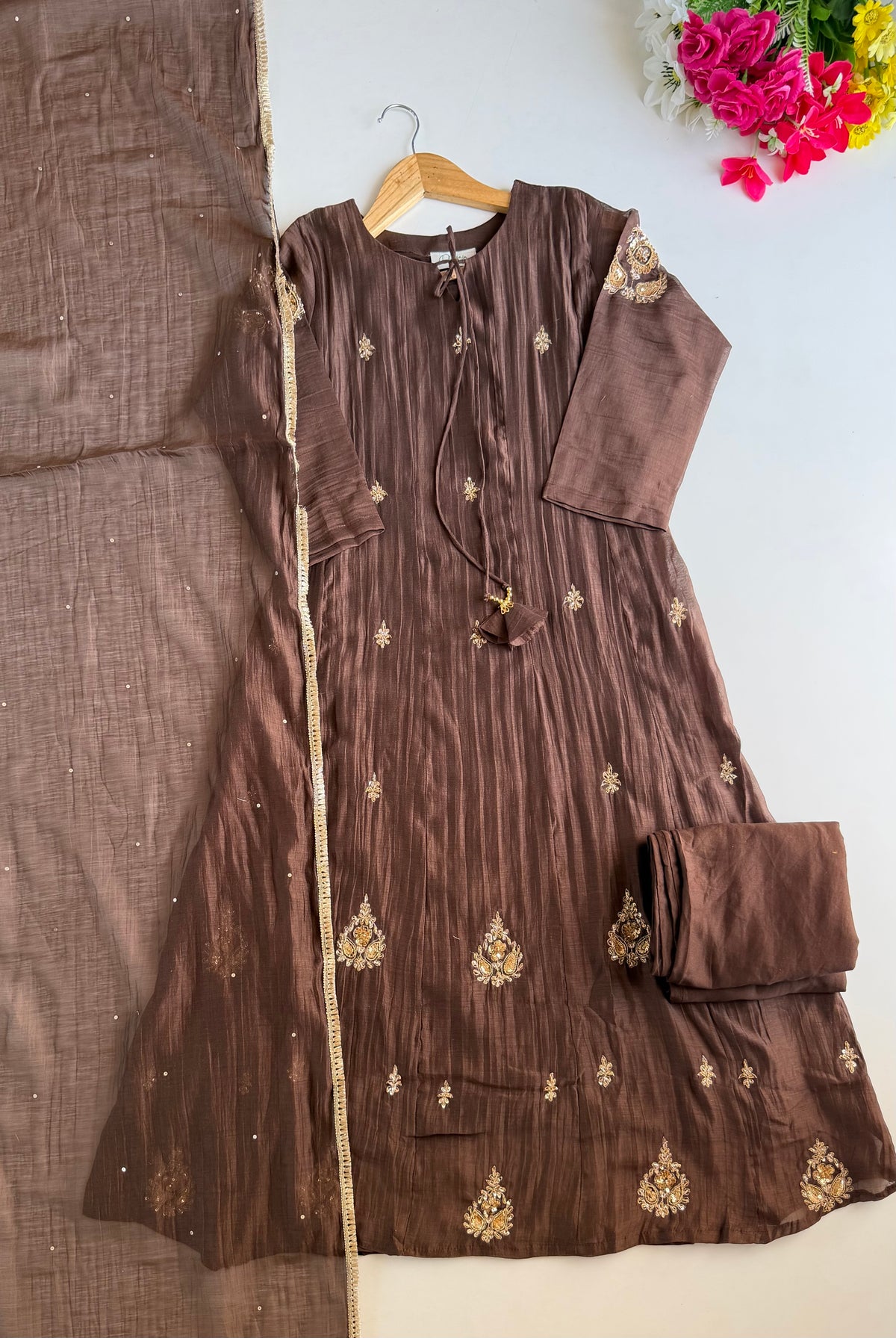 K600 - Mul chanderi handwork Anarkali with pants and dupatta